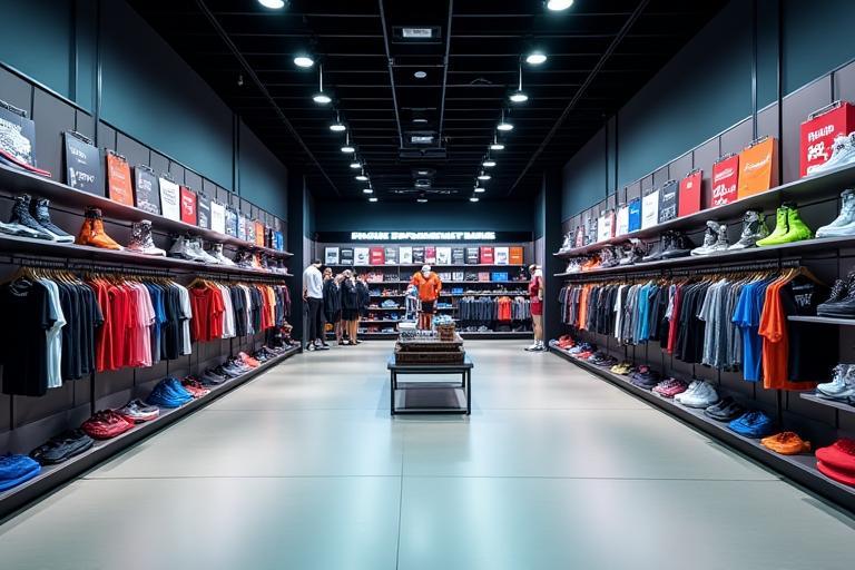 最新のスポーツ用品が並ぶ現代的な店内